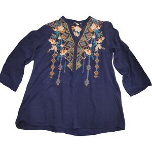 Luna Moon Blouse Blue with Embroidery (Yellow, Green, White) Floral Size Large